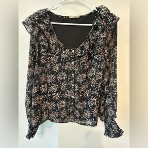 Promesa Black Floral Ruffled Long Sleeve Blouse Size S